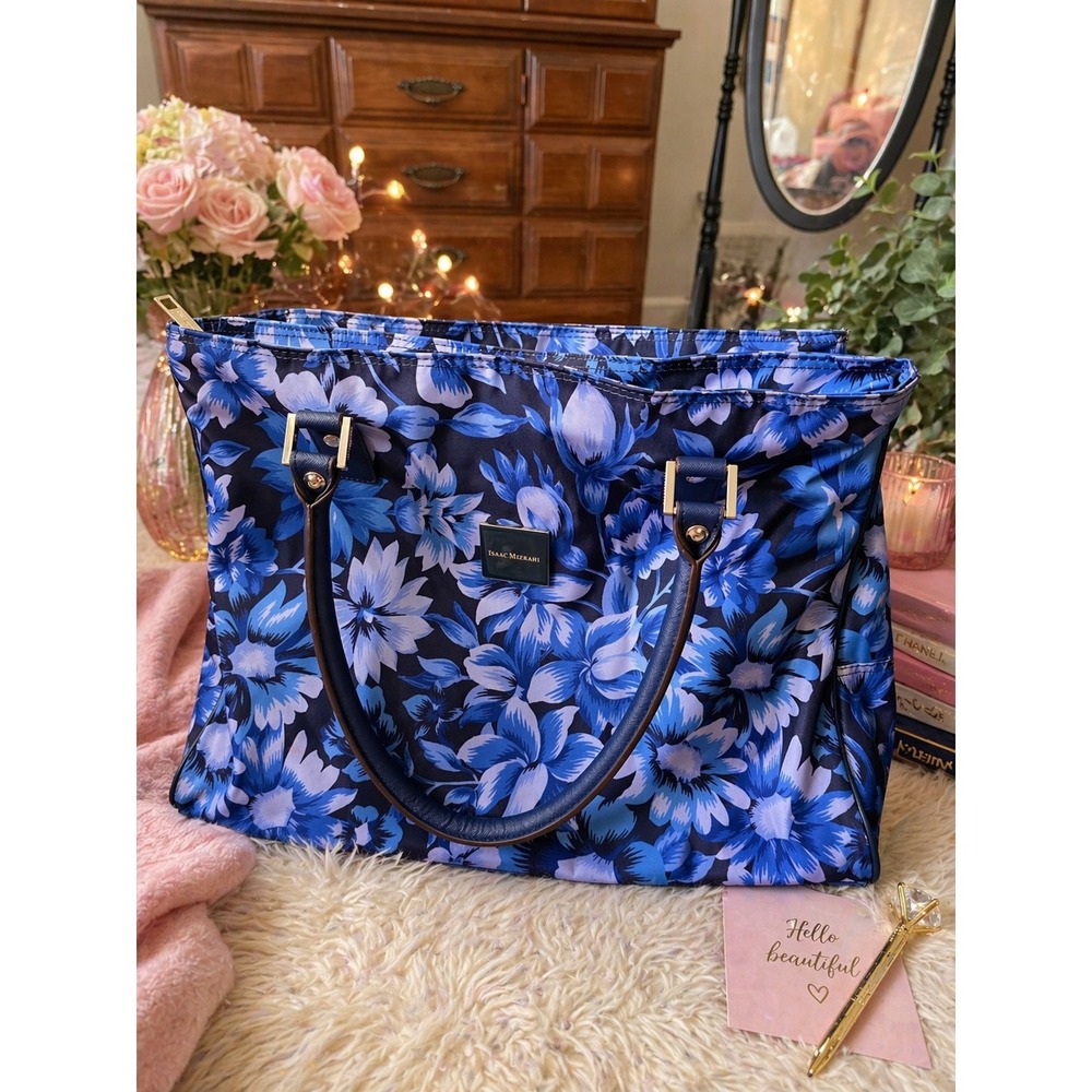 Isaac Mizrahi Blue Floral Nylon Tote Bag Travel Carryall Zip Top Monogram Liner